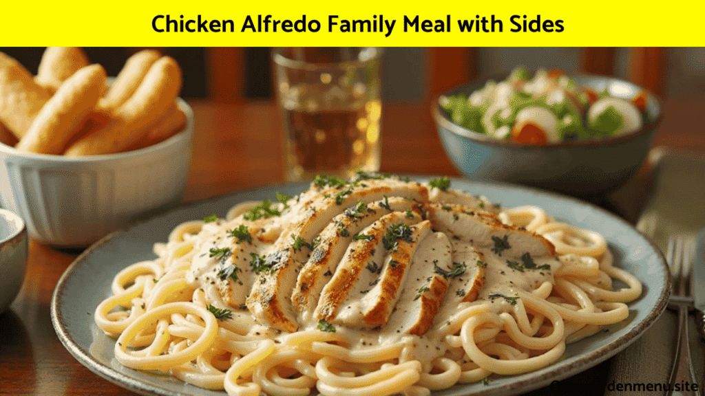 Olive Garden Family Meals Chicken Alfredo served with breadsticks and salad sides.