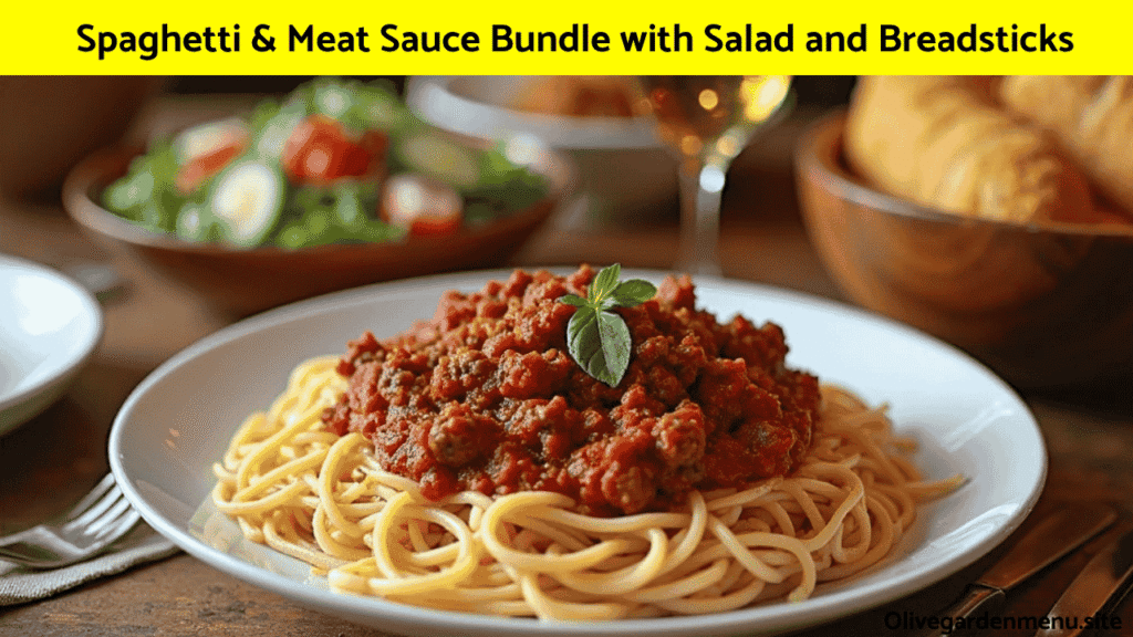 Spaghetti and Meat Sauce bundle from Olive Garden Family Meals with salad and breadsticks.