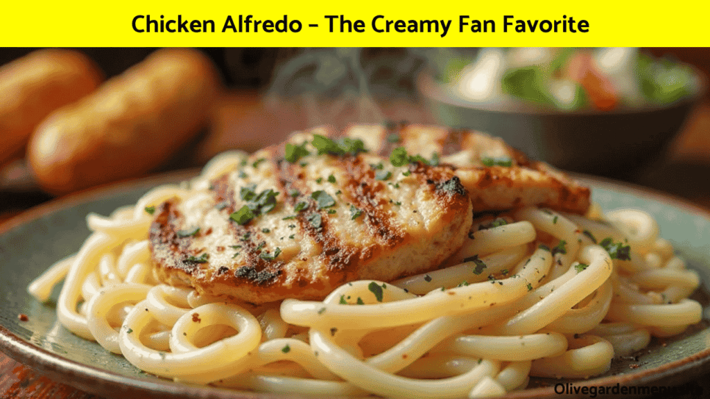 Chicken Alfredo from Olive Garden Family Meals served with creamy sauce and grilled chicken.