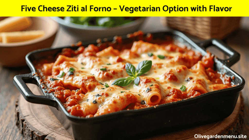 Five Cheese Ziti al Forno from Olive Garden Family Meals with salad and breadsticks.