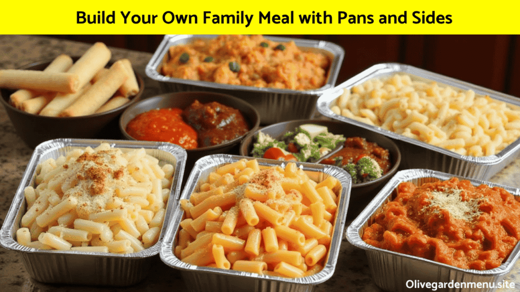 Custom Olive Garden Family Meals setup with pasta pans, salad, sauces, and breadsticks.