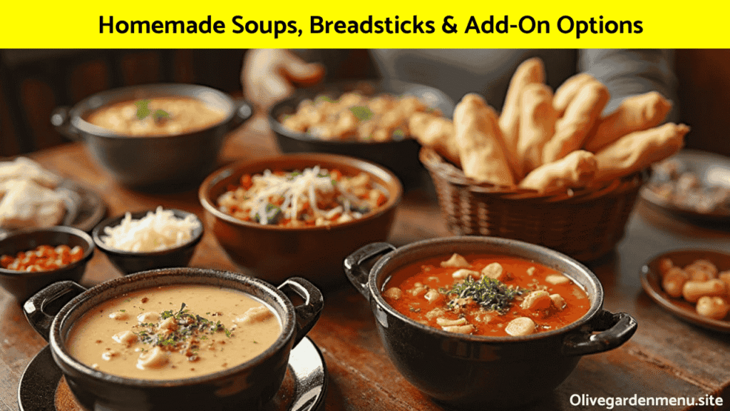 Homemade soups and add-ons from Olive Garden Family Meals with breadsticks on the side.