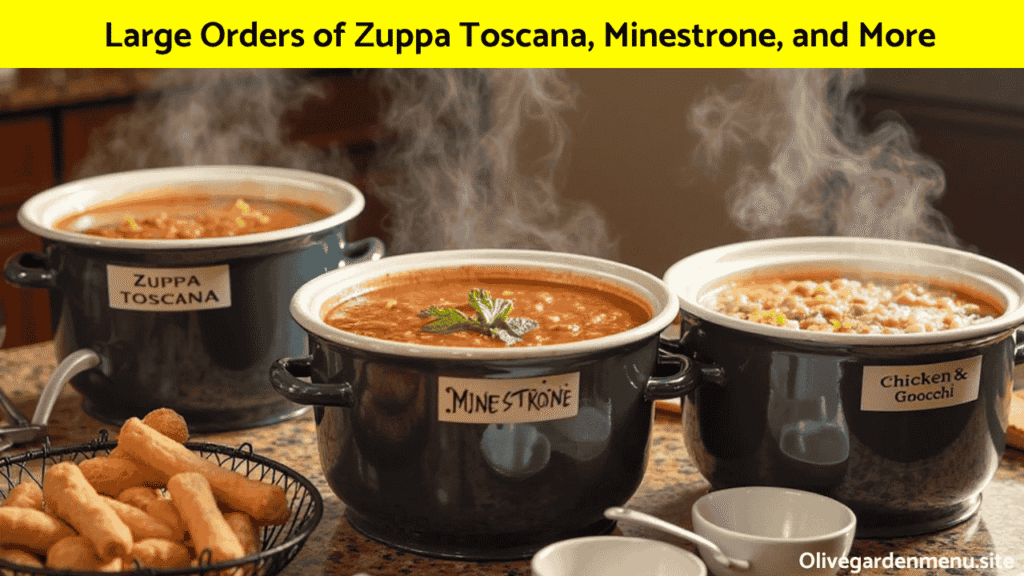 Large servings of Zuppa Toscana, Minestrone, and more from Olive Garden Family Meals.