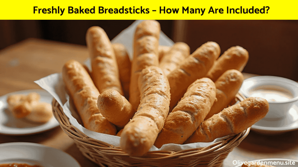 Freshly baked Olive Garden Family Meals breadsticks served in a basket with dipping sauces.