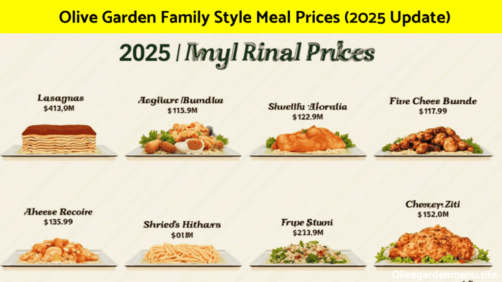 Olive Garden Family Meals 2025 price chart with dishes like lasagna, chicken alfredo, and salad.