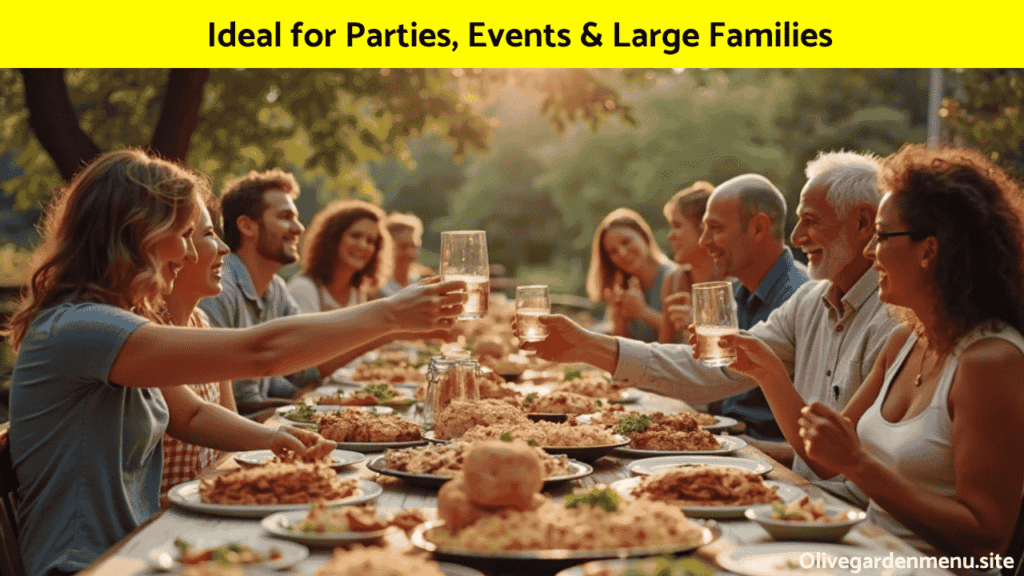 Olive Garden Family Meals served at a large family event with happy people sharing dishes.
