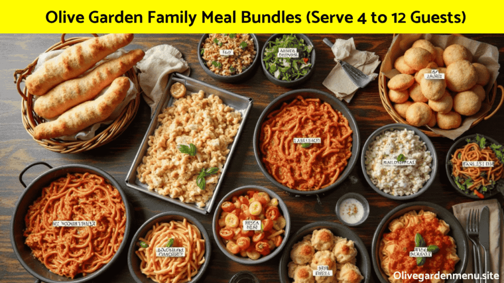 Assorted Olive Garden Family Meal Bundles arranged by portion size on a dining table.
