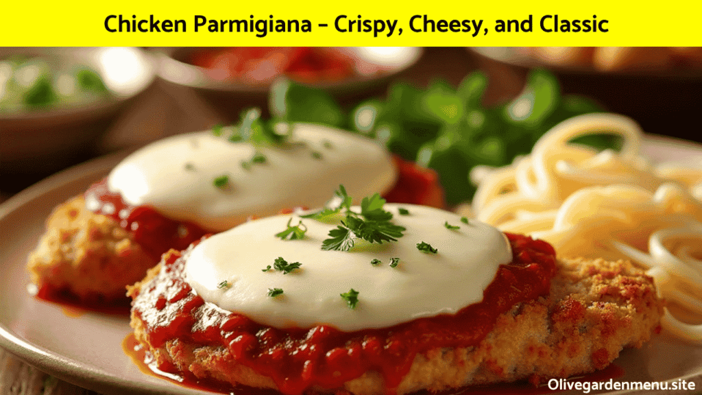 Family-style Chicken Parmigiana from Olive Garden served with pasta and sides.