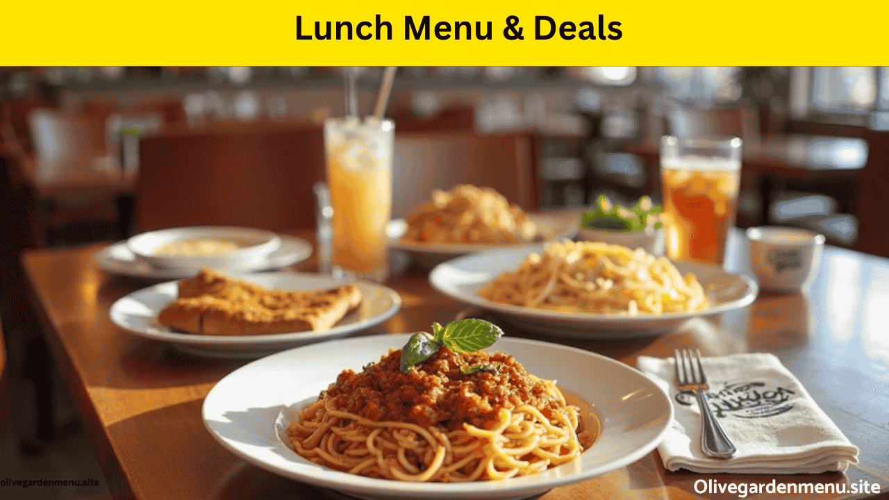 Olive Garden lunch entrees plated with soup, salad, and breadsticks