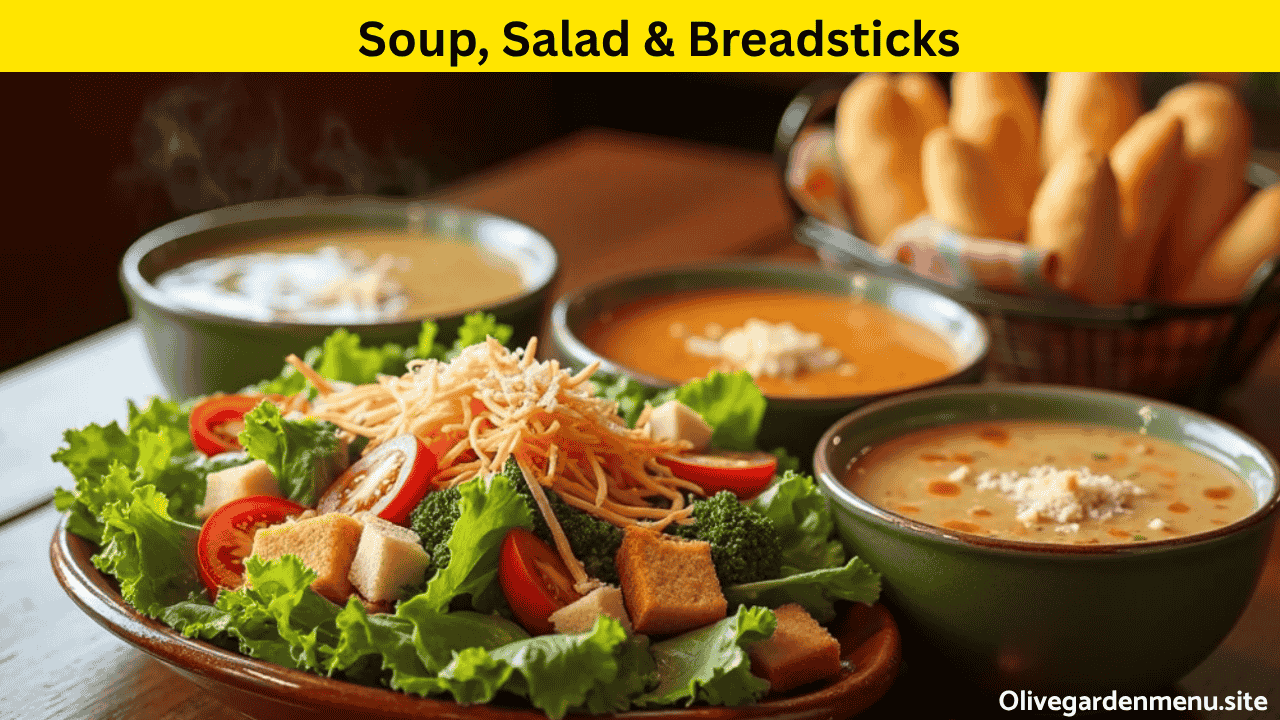 Classic Olive Garden soup, salad, and breadsticks served together