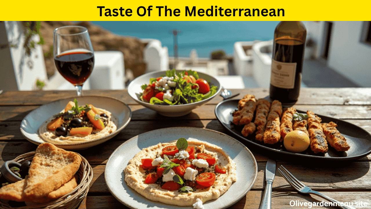 Traditional Mediterranean platter with hummus, olives, grilled vegetables, and pita bread on a rustic wooden table.