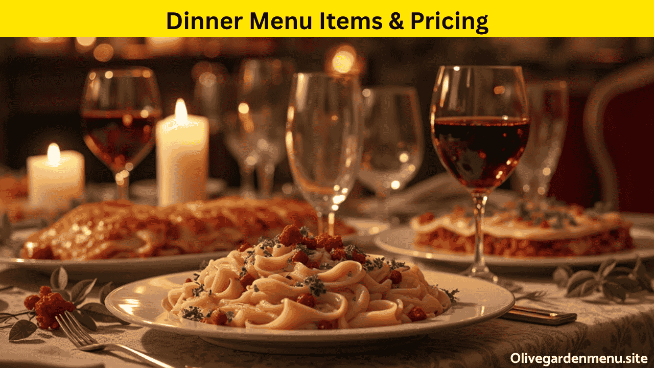 Full Olive Garden dinner spread with pasta, chicken, and breadsticks