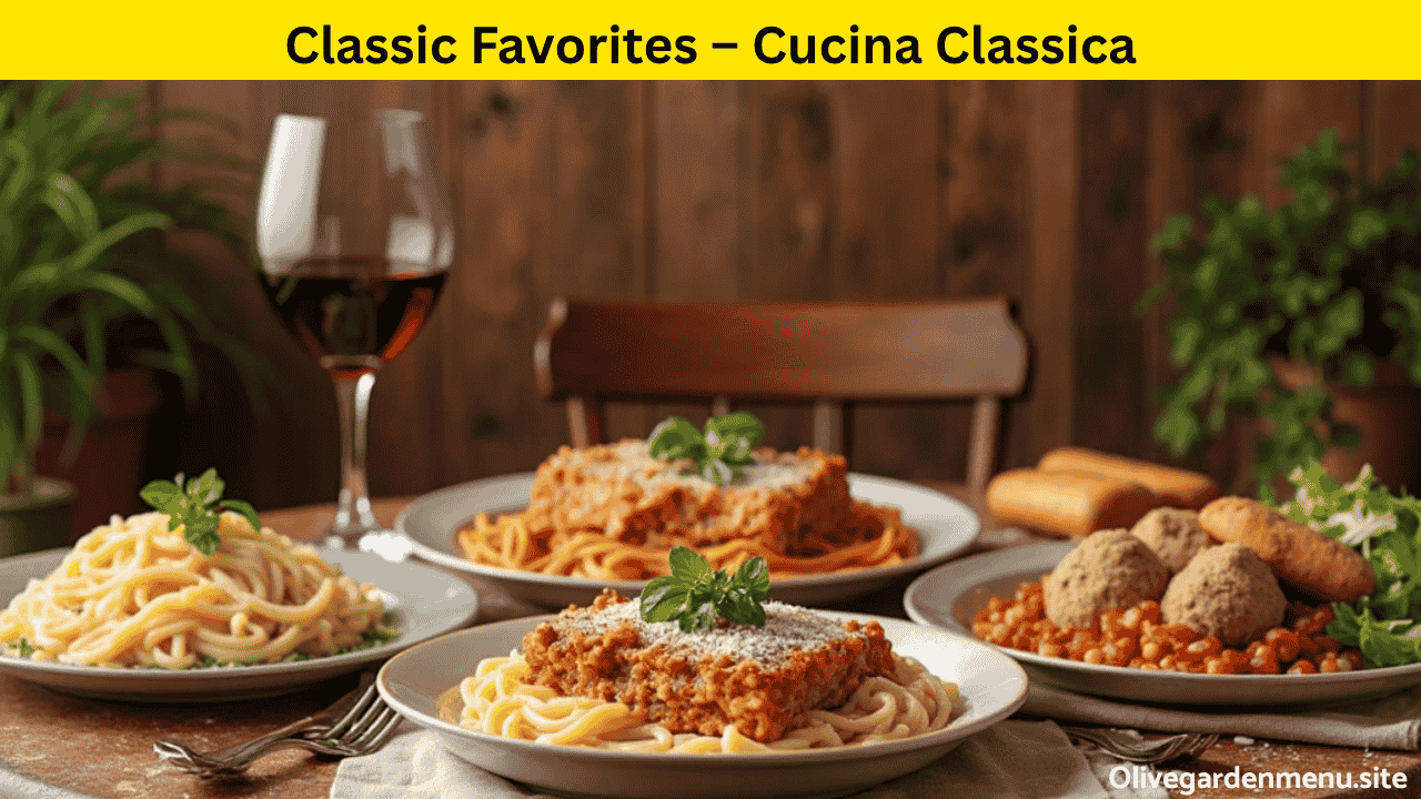 Classic Italian entrées like lasagna, fettuccine Alfredo, and chicken parmigiana on a rustic dining table.