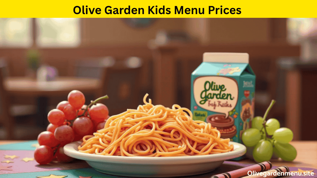 "Olive Garden kids meal with a colorful Nutrition Information sheet beside it"