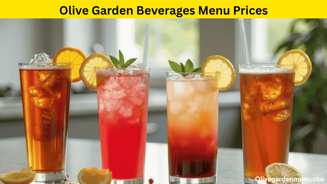 Selection of Olive Garden beverages including soft drinks, iced tea, and wine