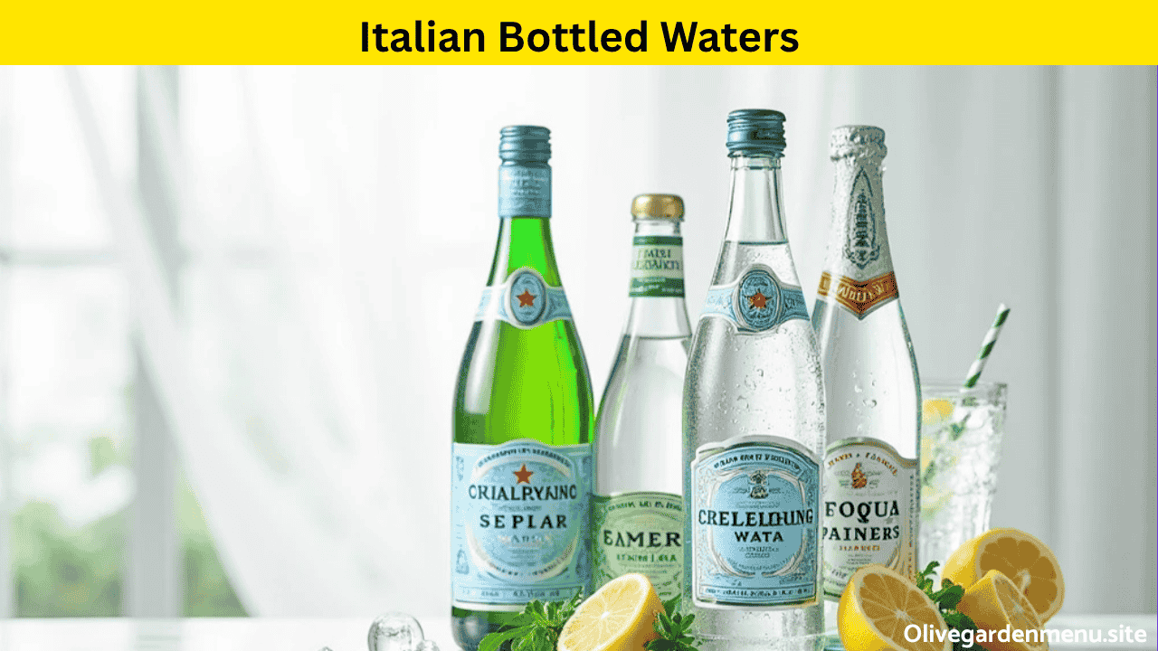 Chilled Italian bottled waters including sparkling and still varieties served on ice with lemon slices.