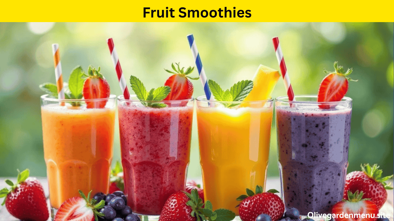 Colorful fruit smoothies in glass cups, garnished with fresh berries, mint leaves, and paper straws.