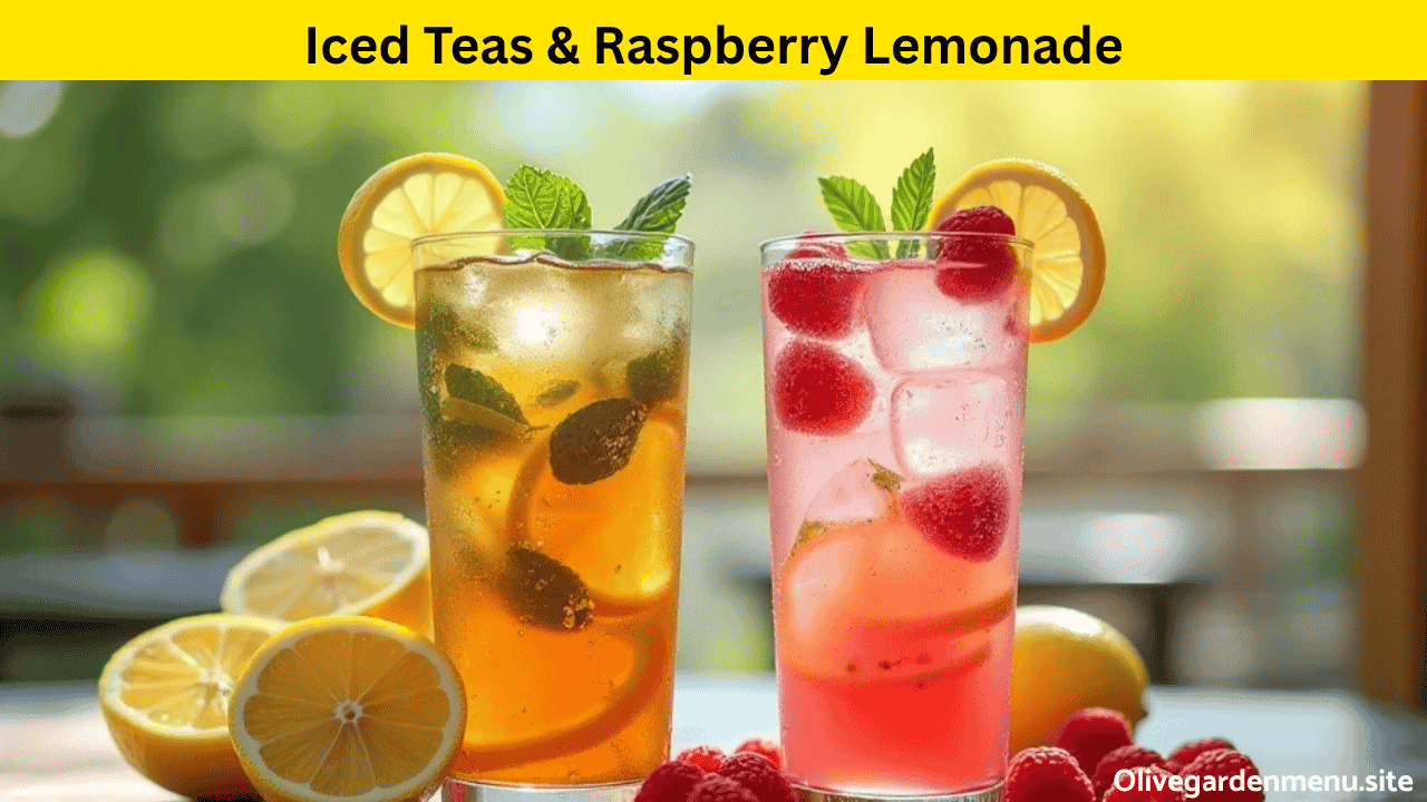 Refreshing iced teas and raspberry lemonade served in tall glasses with lemon slices and ice cubes.