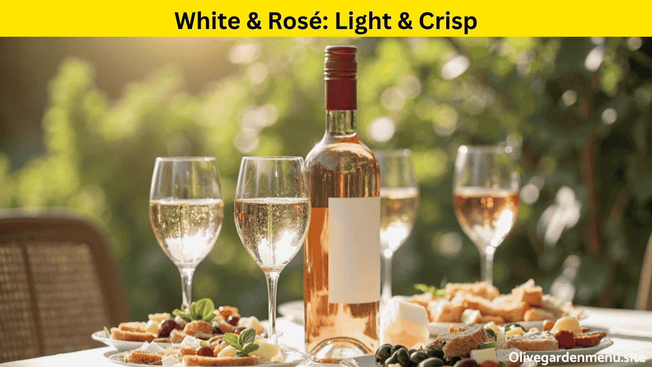 Chilled glasses of white and rosé wine served with light appetizers on a sunlit table.