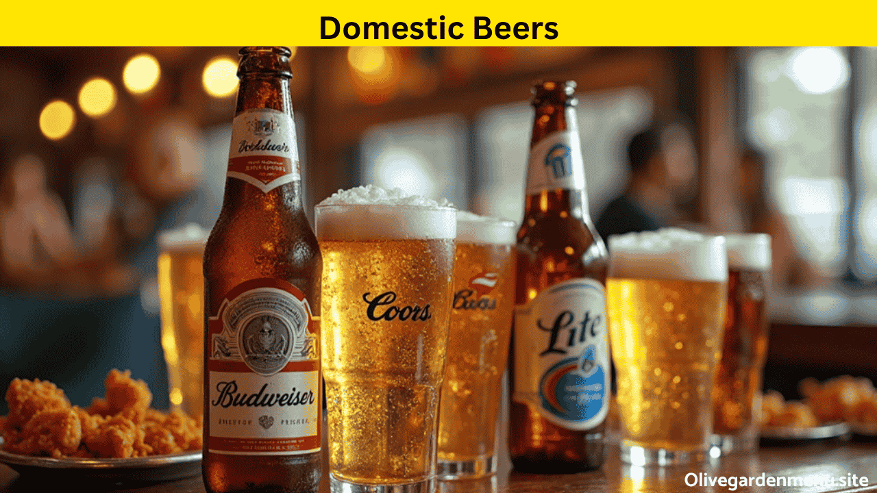 Frosted bottles and glasses of domestic beer on a wooden bar counter with light foam and condensation.