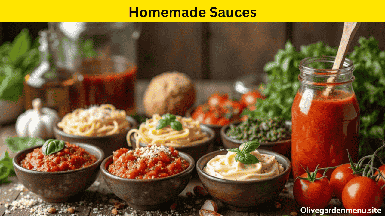 Variety of homemade Italian sauces in small bowls, including marinara, Alfredo, and pesto, on a rustic table.