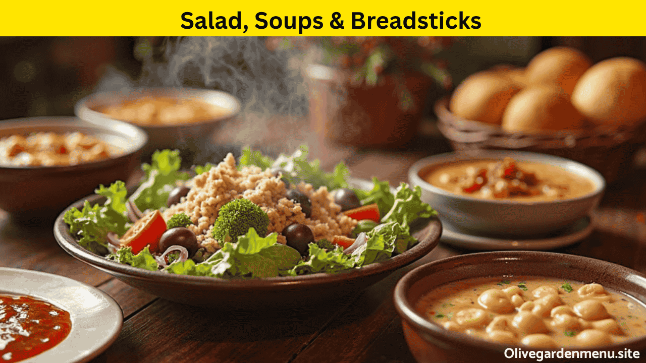 Fresh garden salad, warm soups, and golden breadsticks served on a family-style Italian table.