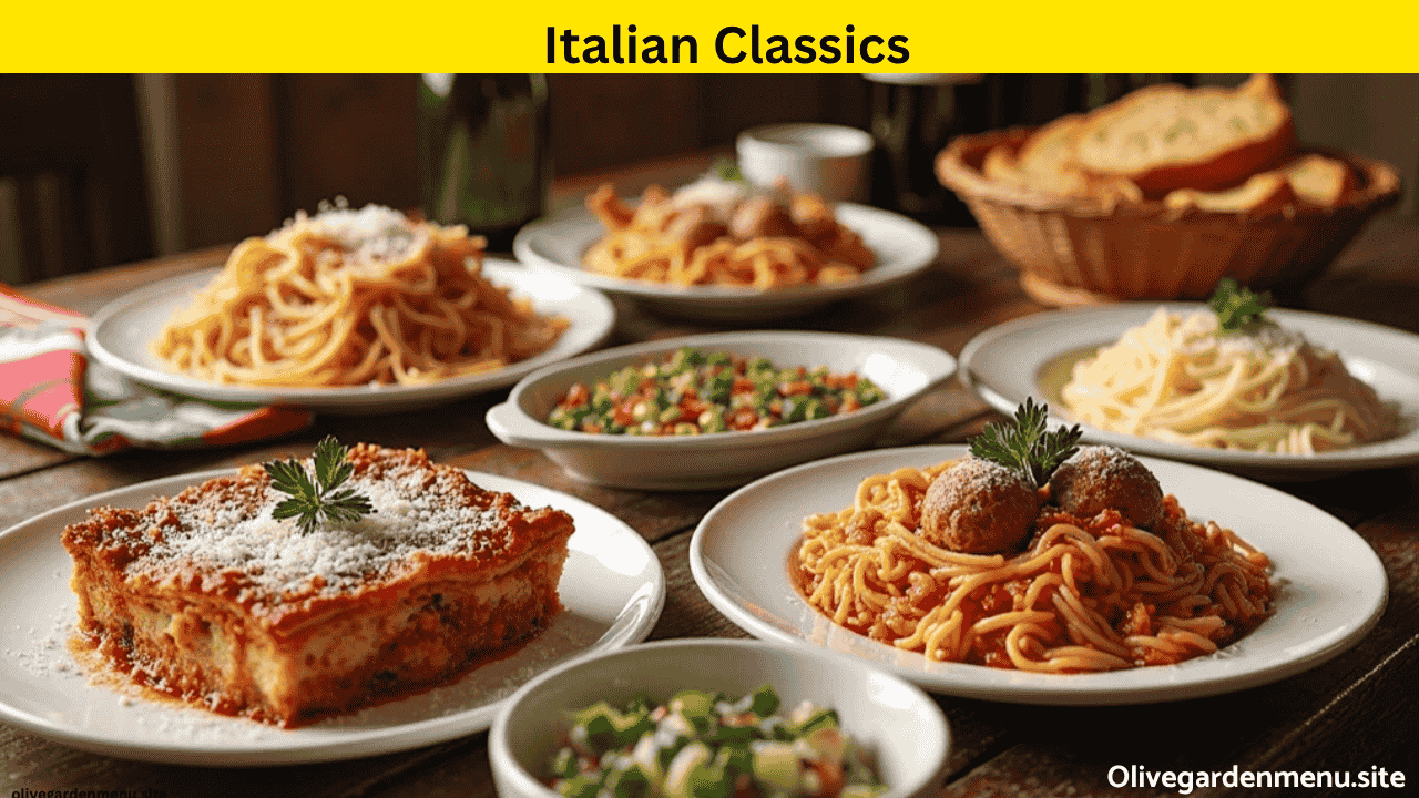 Traditional Italian dishes including lasagna, chicken parmigiana, and fettuccine Alfredo served on a rustic wooden table.