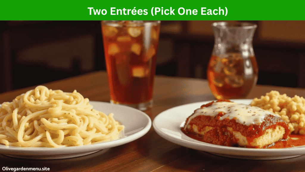 Olive Garden Menu 2 for $25 entrees featuring Lasagna Classico and Chicken Parmigiana