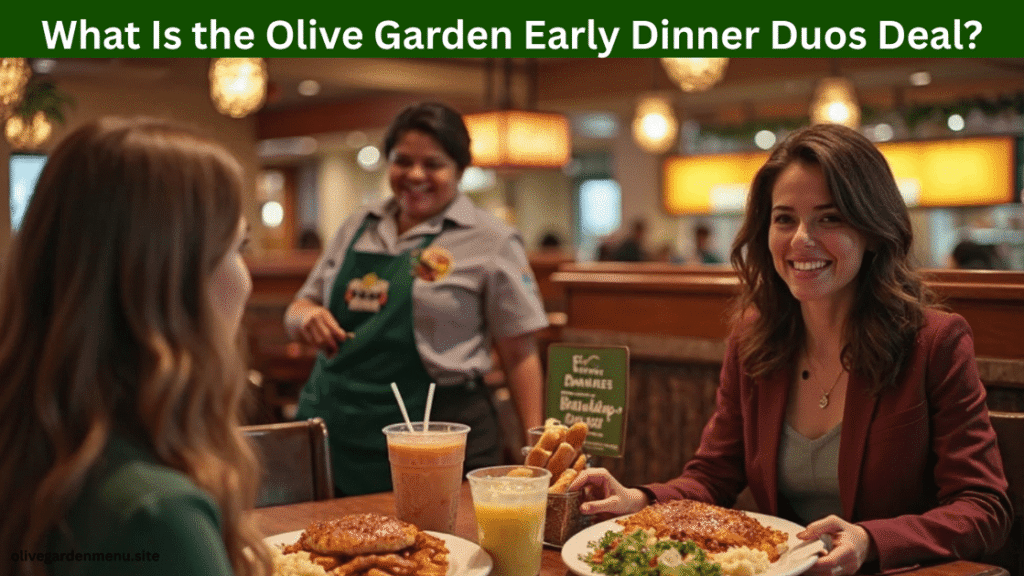 Olive Garden Early Dinner Duos meal served on a table with salad and breadsticks