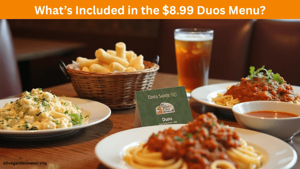 Olive Garden Early Dinner Duos meal served on a table with salad and breadsticks