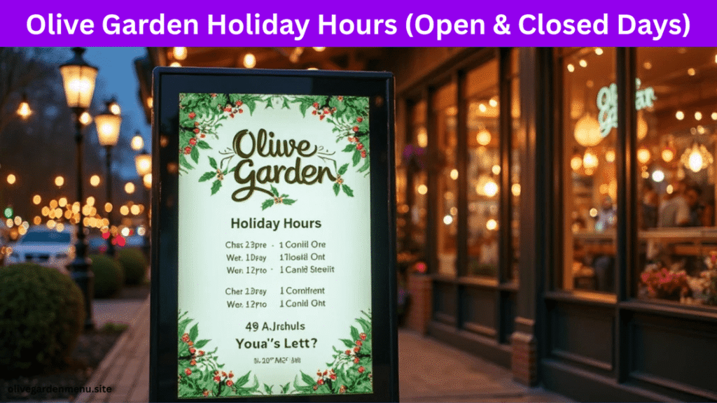 “Olive Garden storefront decorated for holidays with holiday hours notice”