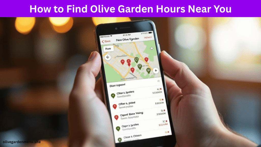 “User checking Olive Garden Hours on a mobile phone with map”
