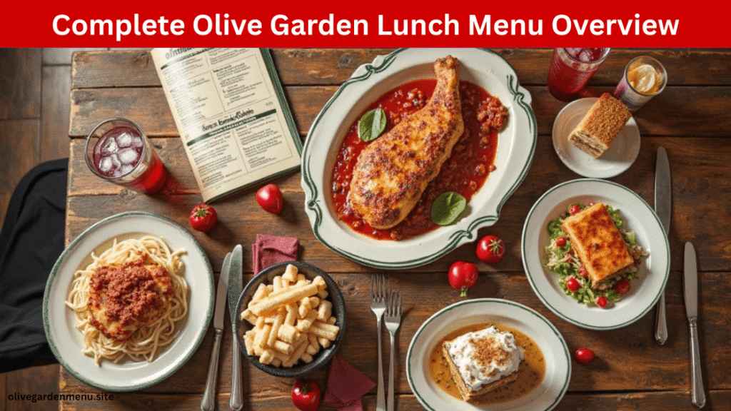 A detailed spread of Olive Garden lunch items including pasta, salad, breadsticks, and drinks on a rustic table.