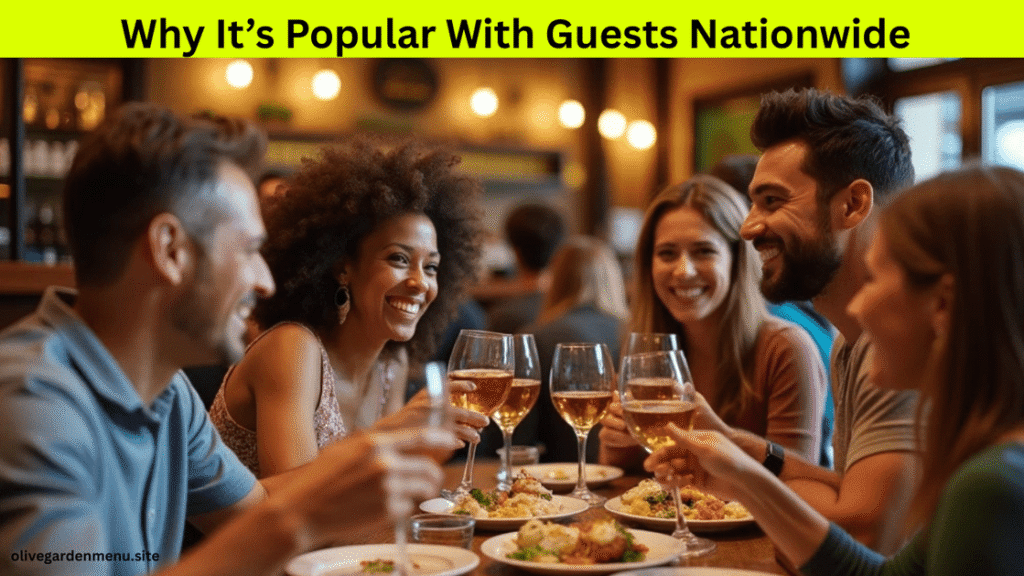 Happy guests laughing and dining during Olive Garden Happy Hour at a busy restaurant.