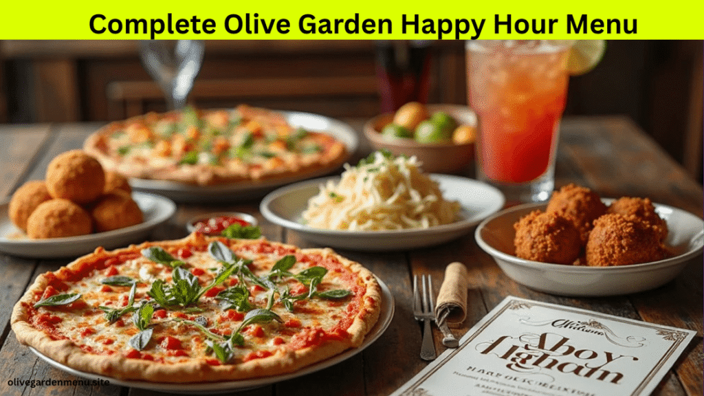 A table full of Olive Garden Happy Hour appetizers and drinks arranged for sharing.