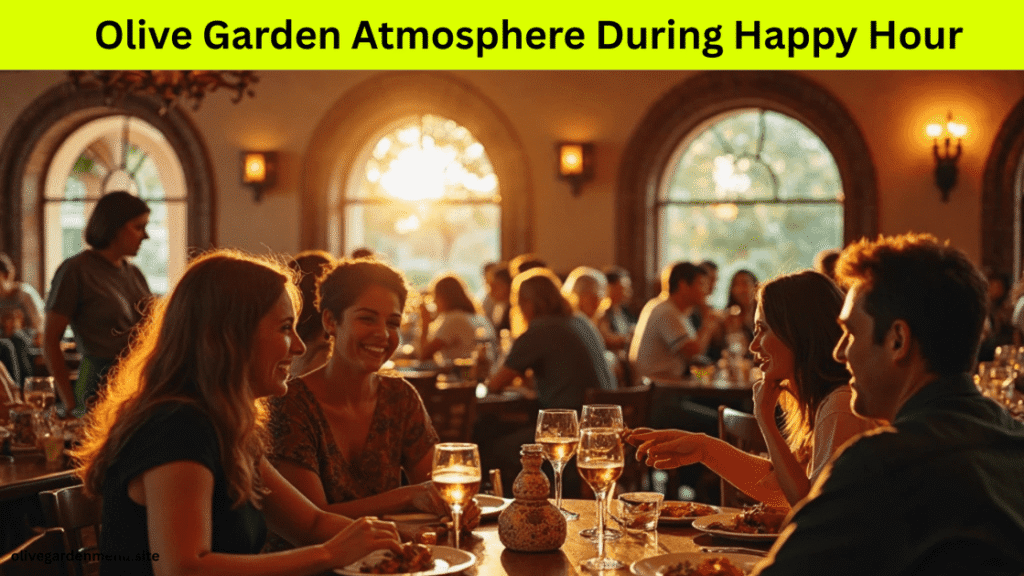 Warm and inviting Olive Garden dining area filled with guests during Happy Hour.