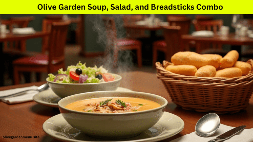 "Bowl of soup, fresh salad, and breadsticks served during Olive Garden Lunch Hours"