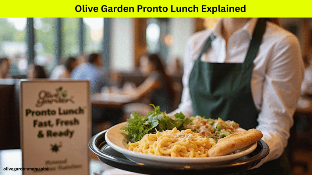 "Olive Garden Pronto Lunch tray with soup, salad, and pasta served during Olive Garden Lunch Hours"