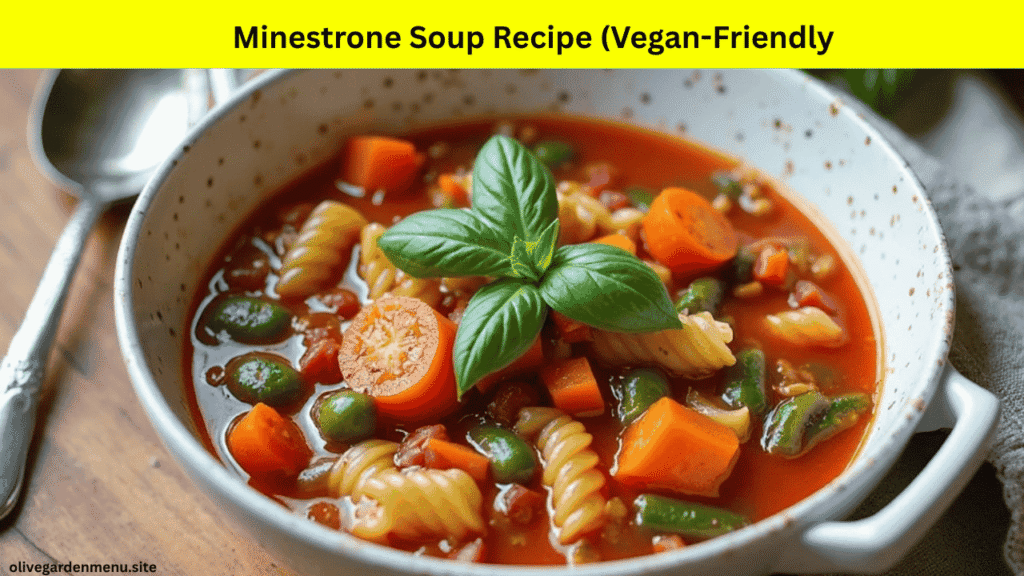 Vegan Minestrone from Olive Garden Soups with colorful vegetables and pasta in a white bowl

