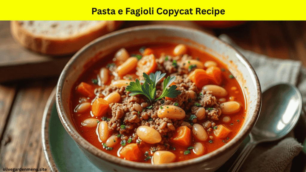 Classic Olive Garden Soups Pasta e Fagioli with beans, pasta, and ground beef in tomato broth

