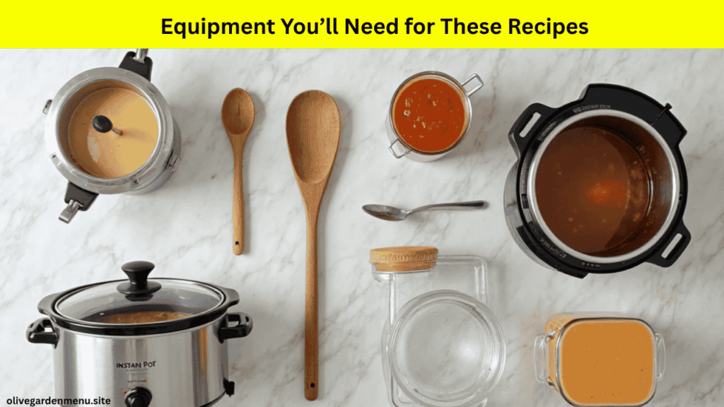 Essential kitchen equipment for cooking Olive Garden Soups — Crockpot, Dutch oven, ladle, and storage containers

