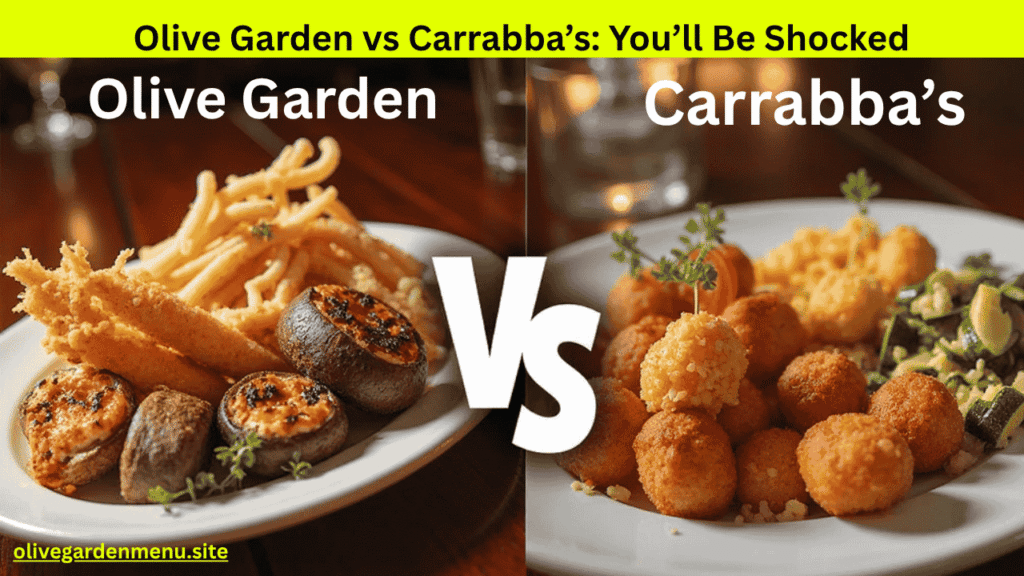 Banner image showing Olive Garden and Carrabba’s pasta dishes side by side. Olive Garden food is styled in warm golden tones, while Carrabba’s dishes are shown in dramatic lighting. Centered text reads “Olive Garden vs Carrabba’s” with a fork and knife icon behind it. Italian flag colors fade subtly on the sides.