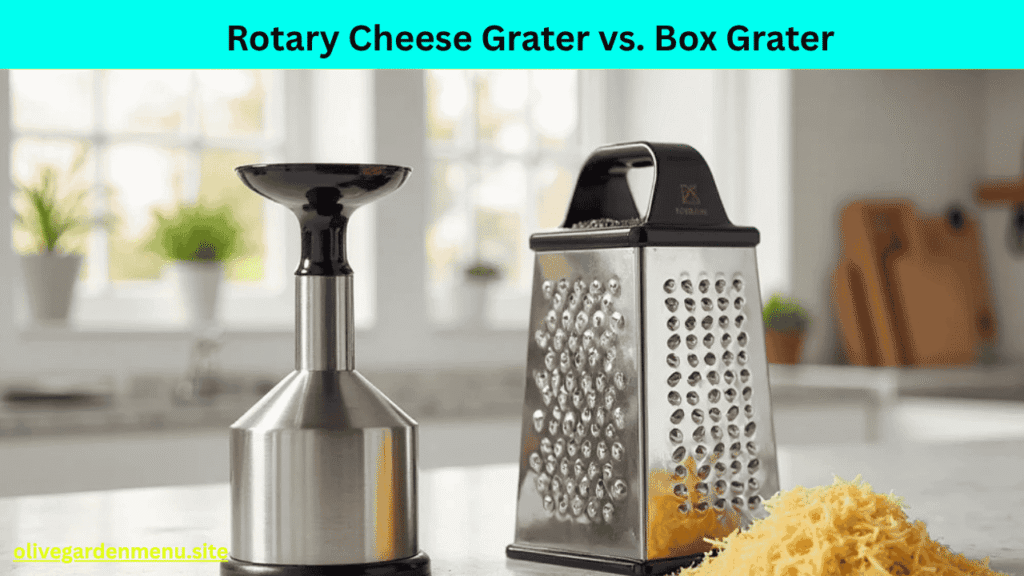 Rotary Olive Garden Cheese Grater next to a box grater.