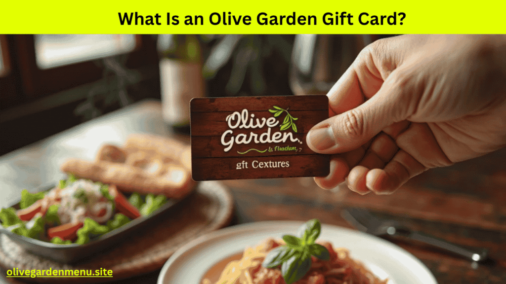 Hand holding an Olive Garden gift card at a restaurant table.