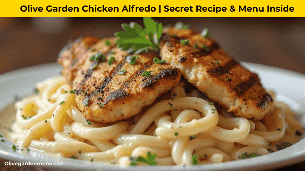 "Olive Garden Chicken Alfredo plated with creamy pasta and grilled chicken"

