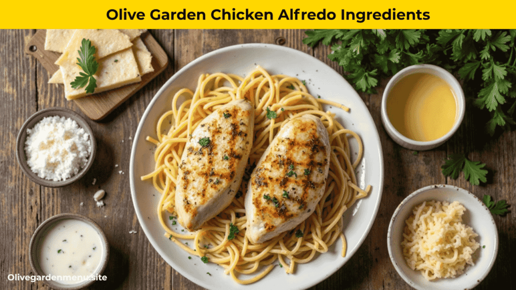 "Ingredients for Olive Garden Chicken Alfredo laid out on a rustic table"