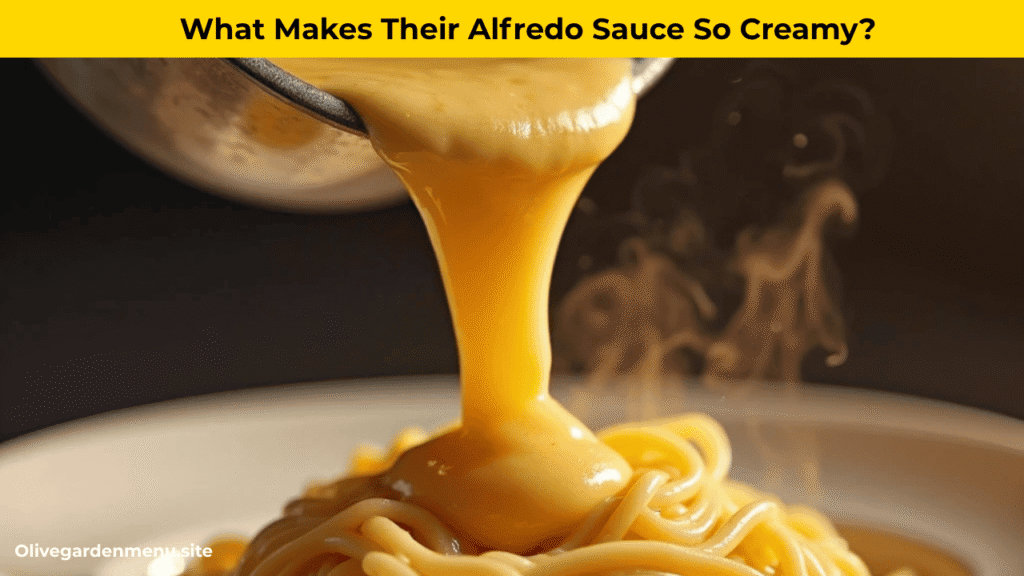 "Olive Garden Alfredo sauce being poured over pasta"