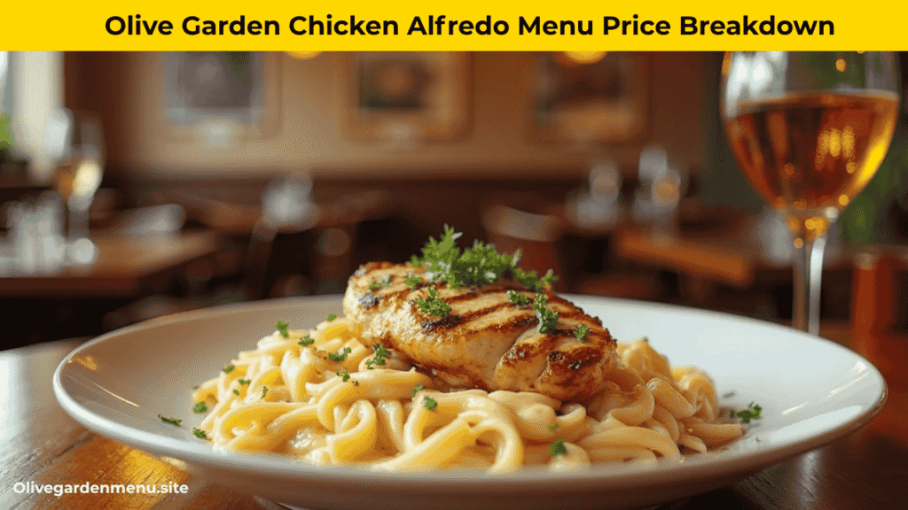"Olive Garden Chicken Alfredo with menu price in background"

