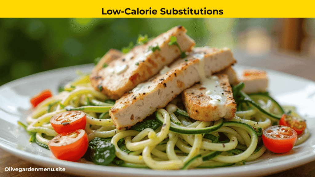 "Low-calorie Olive Garden Chicken Alfredo with vegetables"

