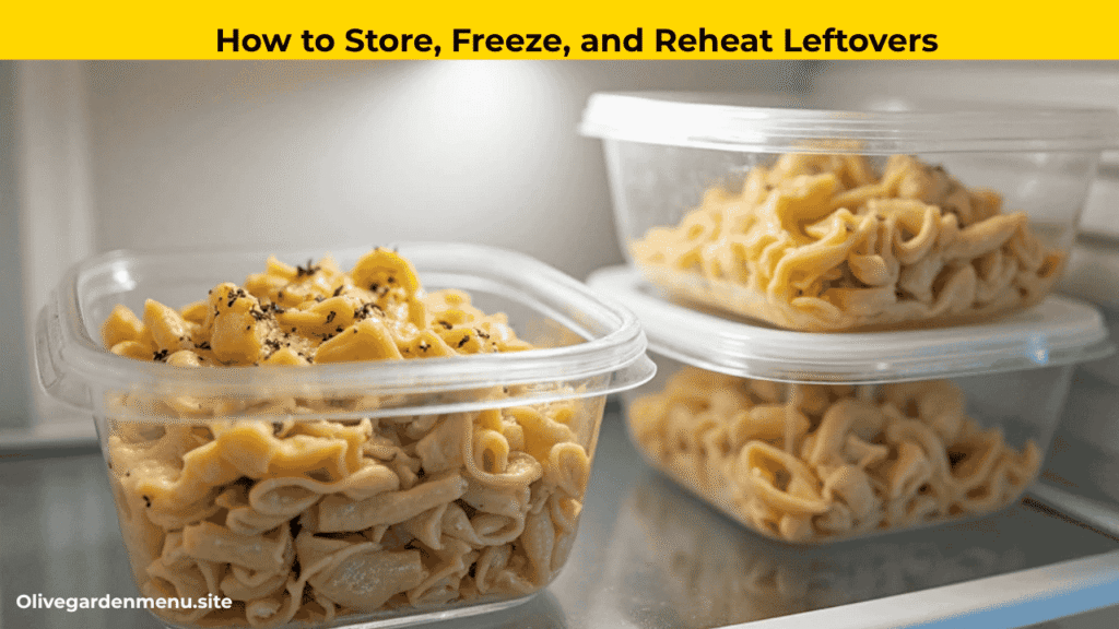 "Storing and reheating Olive Garden Chicken Alfredo in airtight containers"